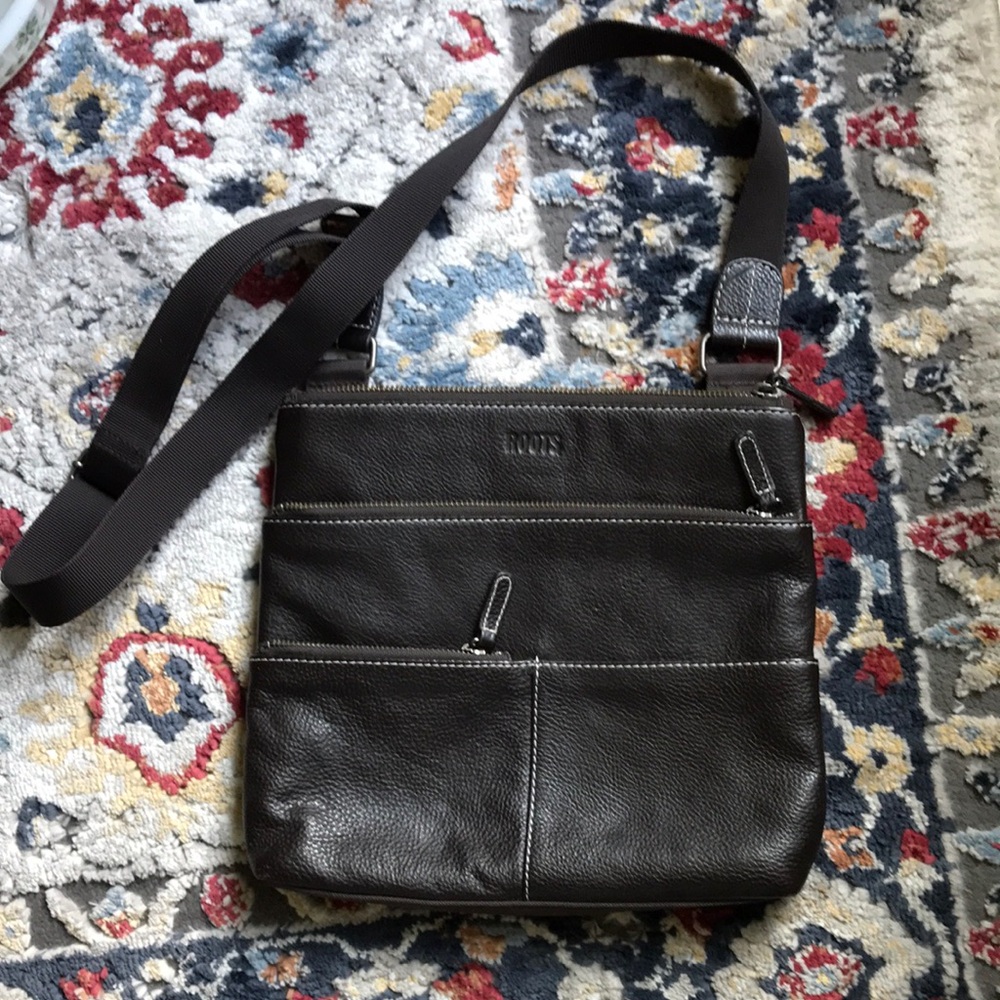 Roots Brown Leather and Polyester Crossbody Bag